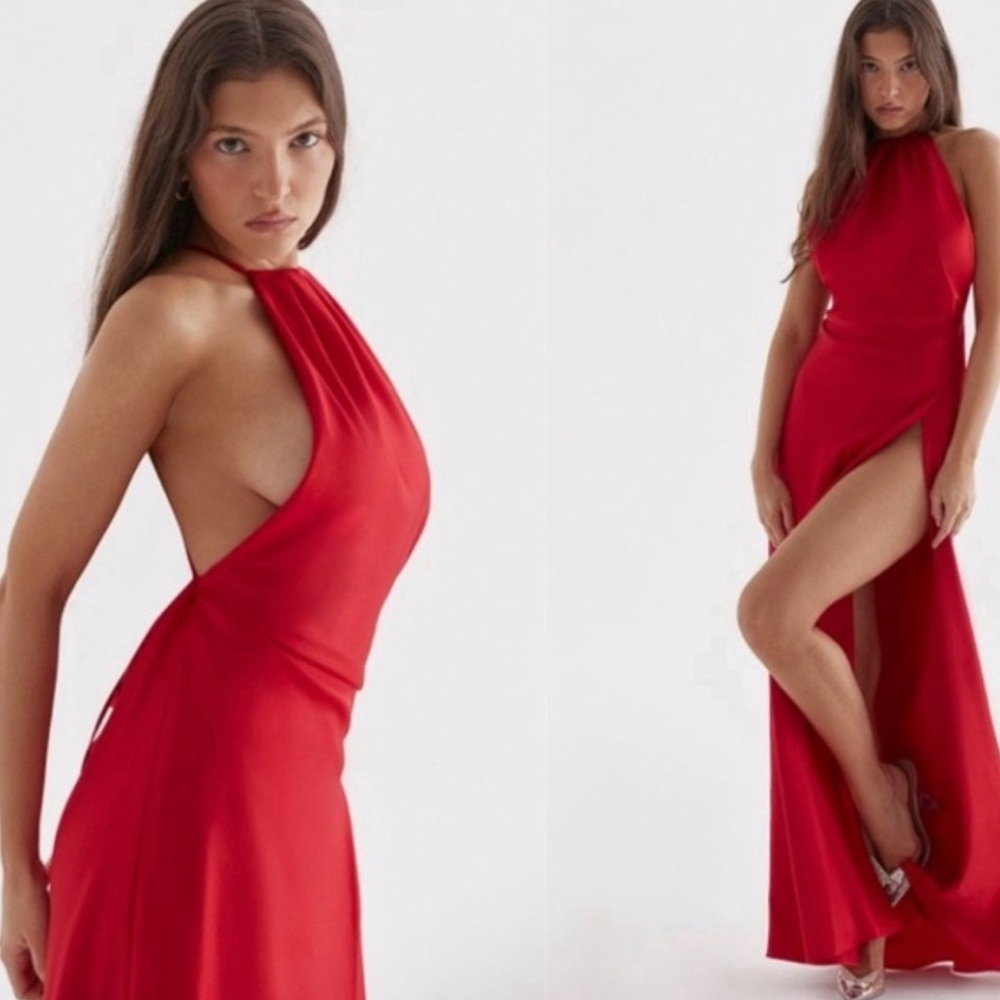House of CB “Zanab” Sexy Maxi Red Satin Dress with Slit Open Back (XL) L+